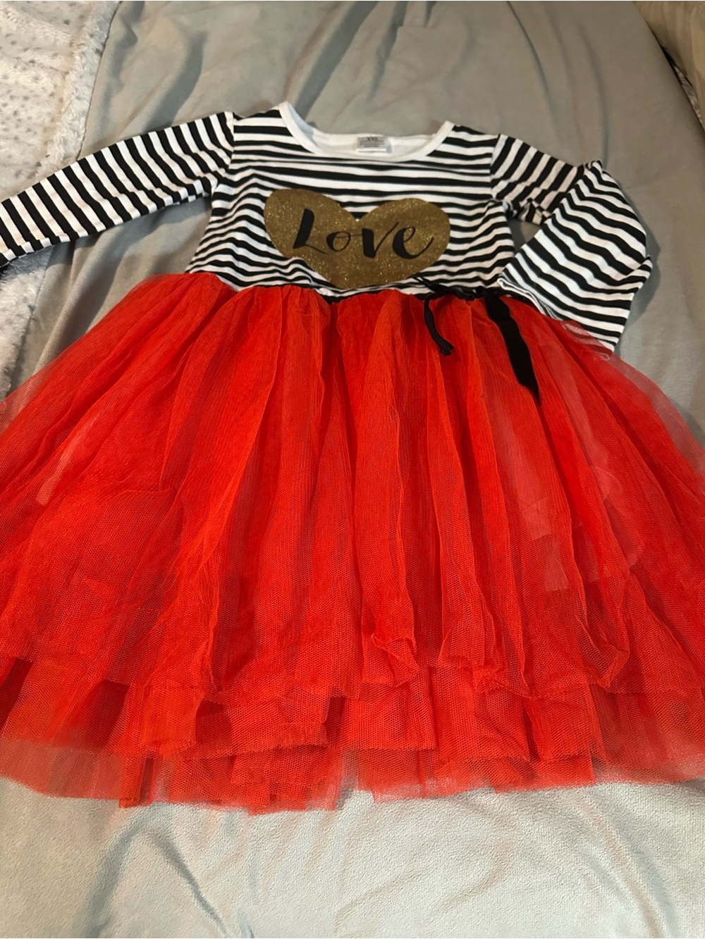 Girls' Black & White Stripe Top with Red Tulle Skirt - Love Heart Detail
